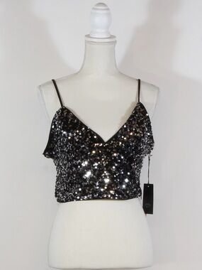 Iris Black Sequin V-Neck Cropped Cami NWT